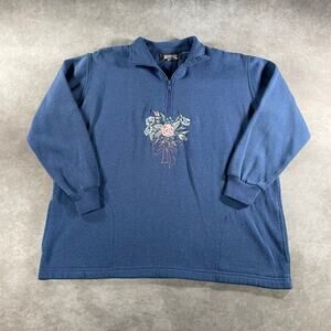 Womens Vintage Flower Embroidered Quarter Zip Granny Sweater